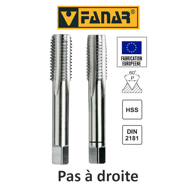 Jeu de 2 tarauds à main HSS M12 x 1,25 DIN-2181/2 PAS A DROITE FANAR