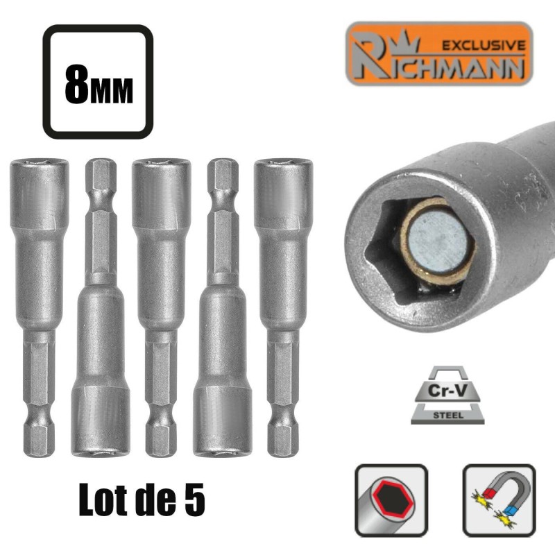Lot 5 Douilles LONGUES aimantée 8mm pour visseuse embouts 1/4" RICHMANN C2477