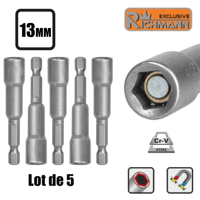 Lot 5 Douilles LONGUES aimantée 13mm pour visseuse embouts 1/4" RICHMANN C2479
