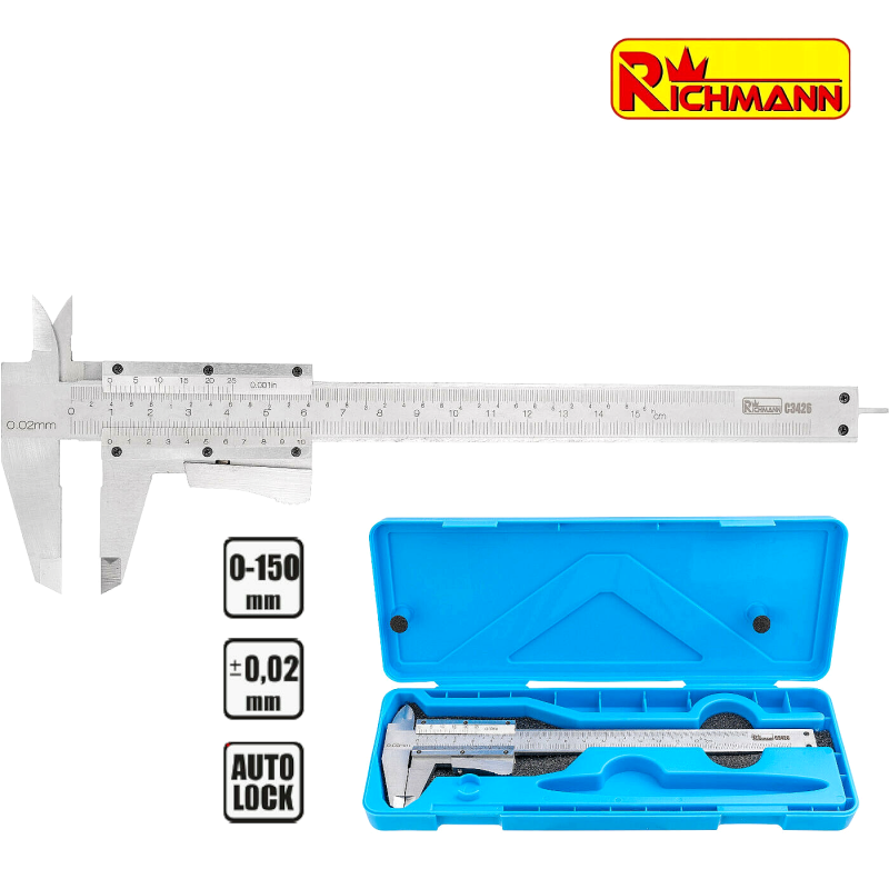 Pied à coulisse VERROUILLAGE AUTO en coffret, mesure de 0 à 150mm RICHMANN C3426
