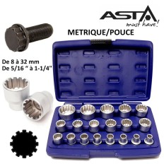 Douilles SPLINE universelles 12 PANS 1/2" de 8 à 32 mm de 5/16“ à 1-1/4" ASTA