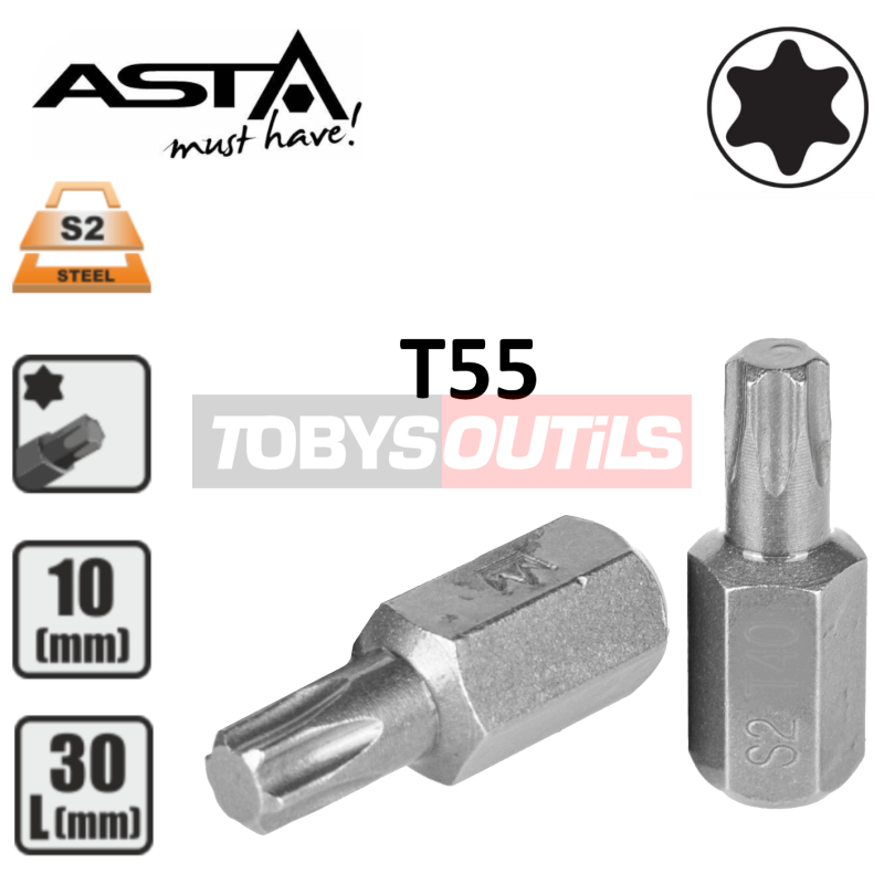 Embout T55 TORX T-55 entrainement 10 mm 3/8" Acier S2 HAUTE QUALITÉ ASTA