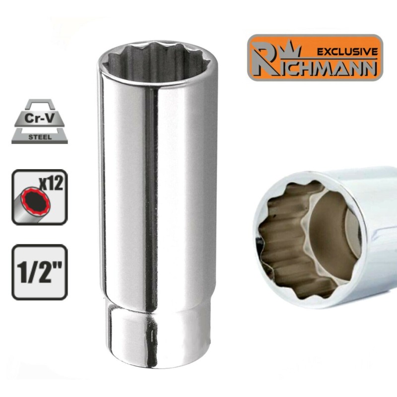 Douille longue 8mm 12 pans 1/2", Chrome-Vanadium, L75 mm RICHMANN C5138