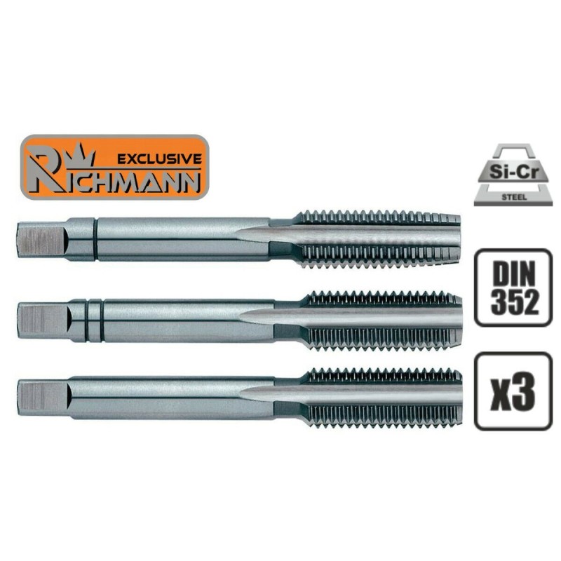 Jeu de 3 tarauds à main HSS M3 x 0,5 pas à droite Qualité Pro DIN 352 RICHMANN